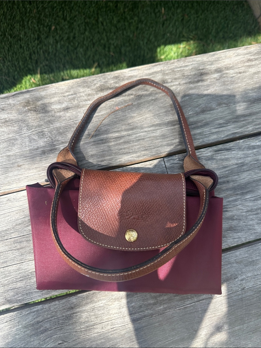 Longchamp Shoulder Tote in Burgundy with Brown Leather Trim